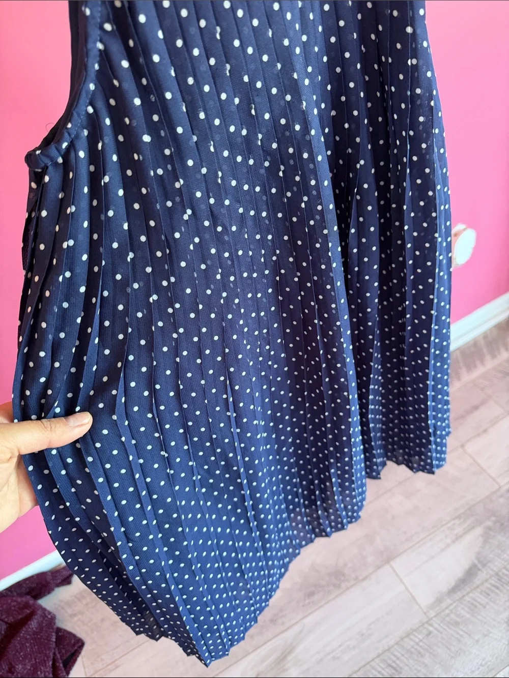 Pleated Navy Polka Dot Sleeveless Top - Women's